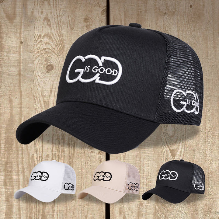 Christianartworkshop Minimalistische Trucker-Cap mit verbundenem Monogramm „God Is Good“, beidseitiger Stickerei, gebogenem Schirm und Mesh-Rückseite. - image 2