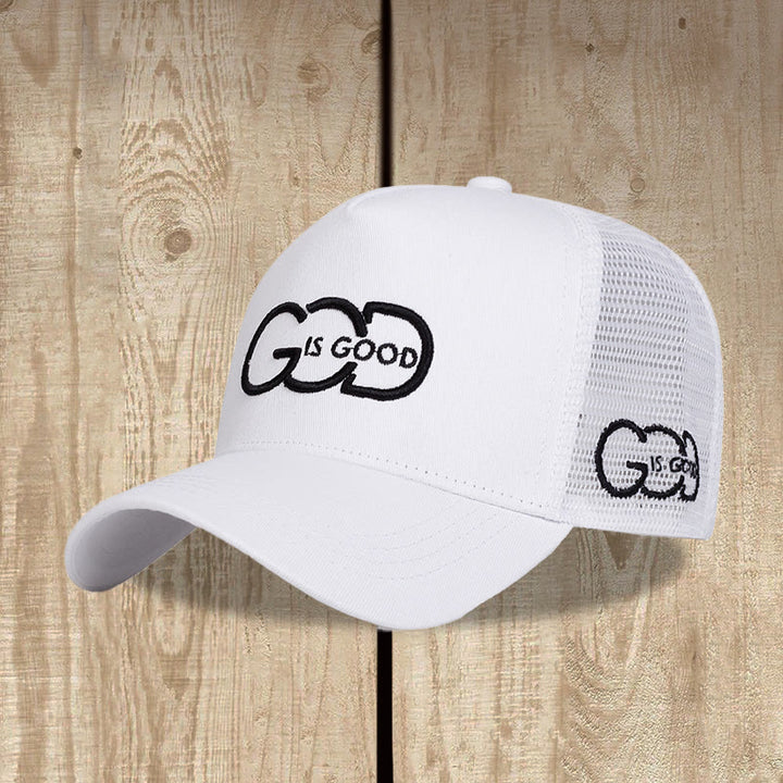 Christianartworkshop Minimalistische Trucker-Cap mit verbundenem Monogramm „God Is Good“, beidseitiger Stickerei, gebogenem Schirm und Mesh-Rückseite. - Weiß - image 5