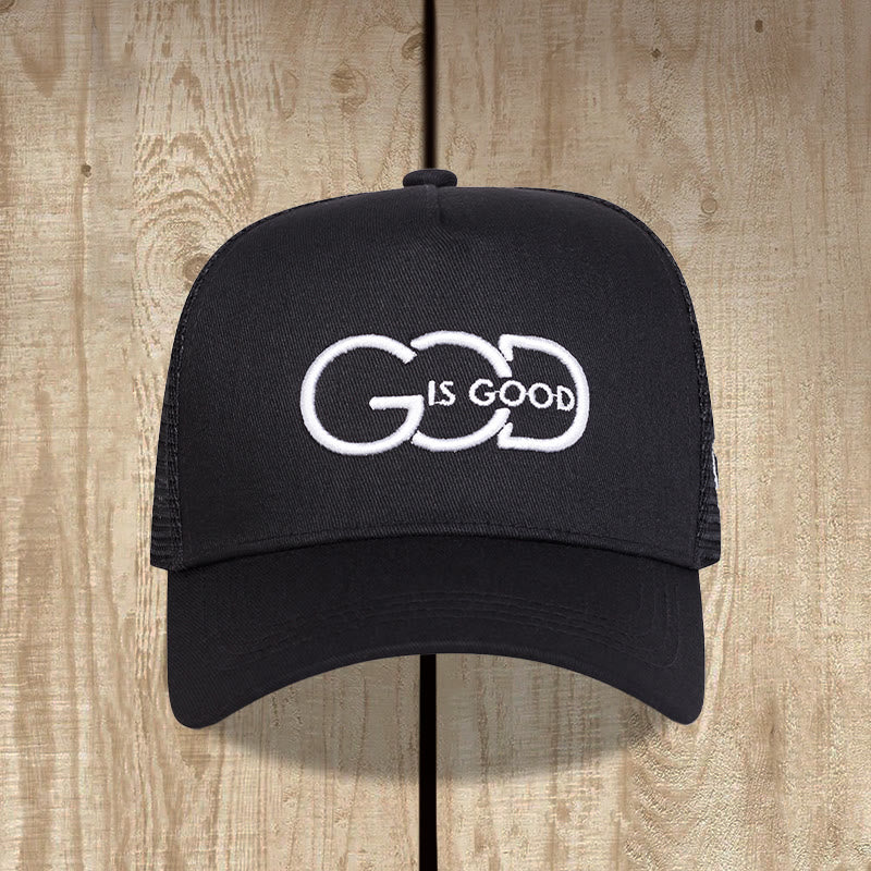 Christianartworkshop Minimalistische Trucker-Cap mit verbundenem Monogramm „God Is Good“, beidseitiger Stickerei, gebogenem Schirm und Mesh-Rückseite. - image 3