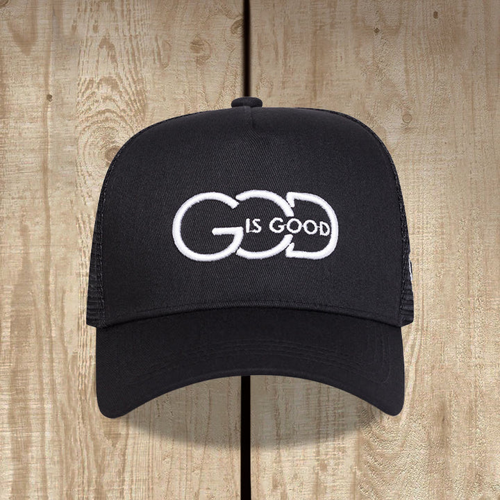 Christianartworkshop Minimalistische Trucker-Cap mit verbundenem Monogramm „God Is Good“, beidseitiger Stickerei, gebogenem Schirm und Mesh-Rückseite. - image 3