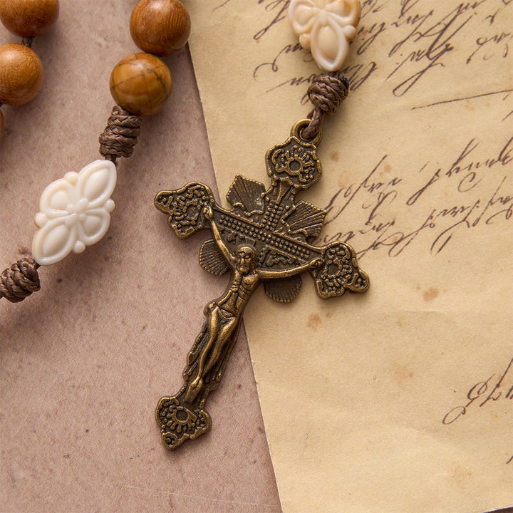 Christianartworkshop Rosenkranz aus natürlichem grünem Sandelholz mit St.-Benedikt-Medaille und floralem Rahmen, Kruzifix - image 7