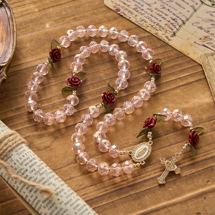 Christianartworkshop Handgefertigter Rosenkranz aus facettierten rosa Glasperlen, Rosenkranz mit Kreuz und Motiv der Jungfrau von Guadalupe - image 3