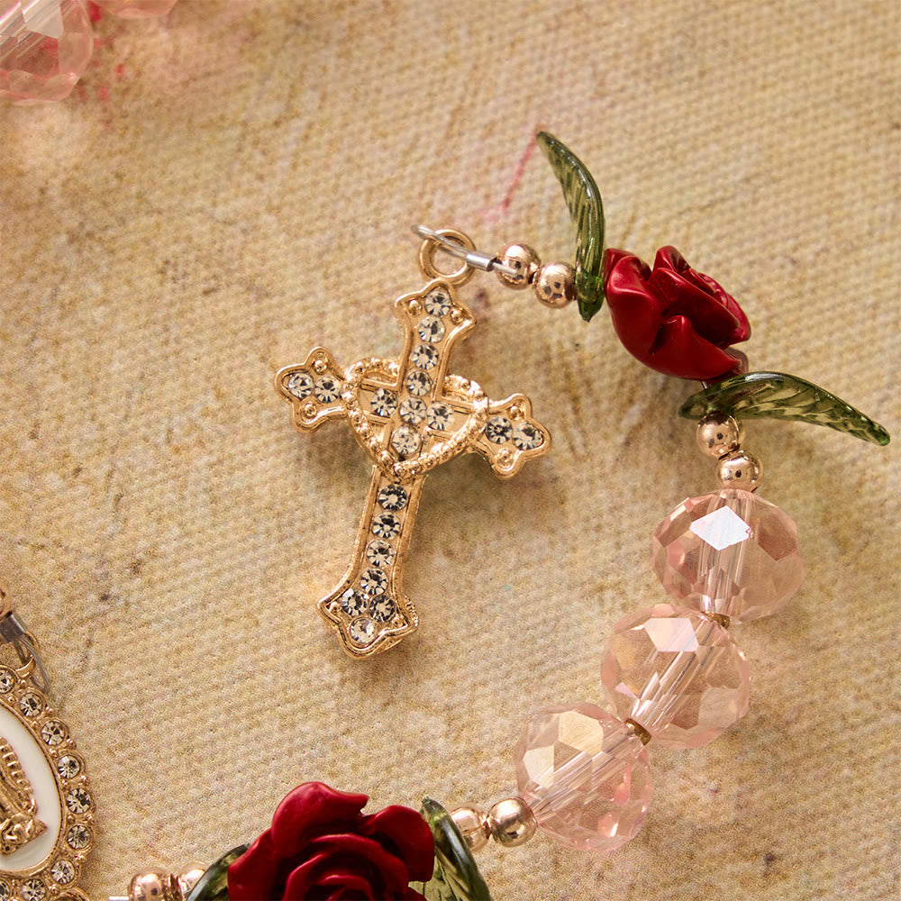 Christianartworkshop Handgefertigter Rosenkranz aus facettierten rosa Glasperlen, Rosenkranz mit Kreuz und Motiv der Jungfrau von Guadalupe - image 6