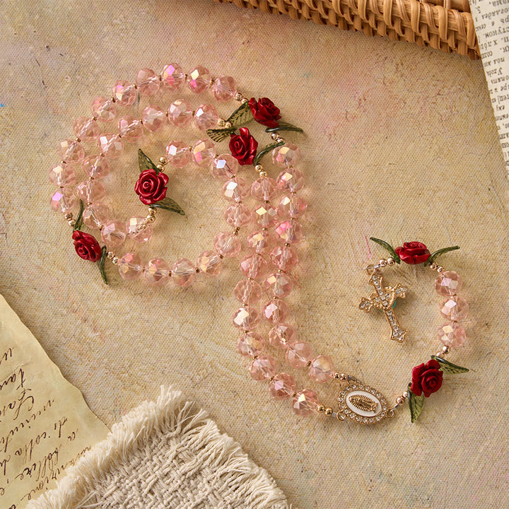 Christianartworkshop Handgefertigter Rosenkranz aus facettierten rosa Glasperlen, Rosenkranz mit Kreuz und Motiv der Jungfrau von Guadalupe - Unsere Liebe Frau und das Kruzifix - image 0