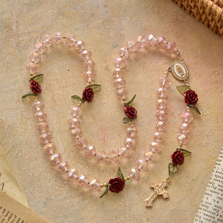 Christianartworkshop Handgefertigter Rosenkranz aus facettierten rosa Glasperlen, Rosenkranz mit Kreuz und Motiv der Jungfrau von Guadalupe - image 2