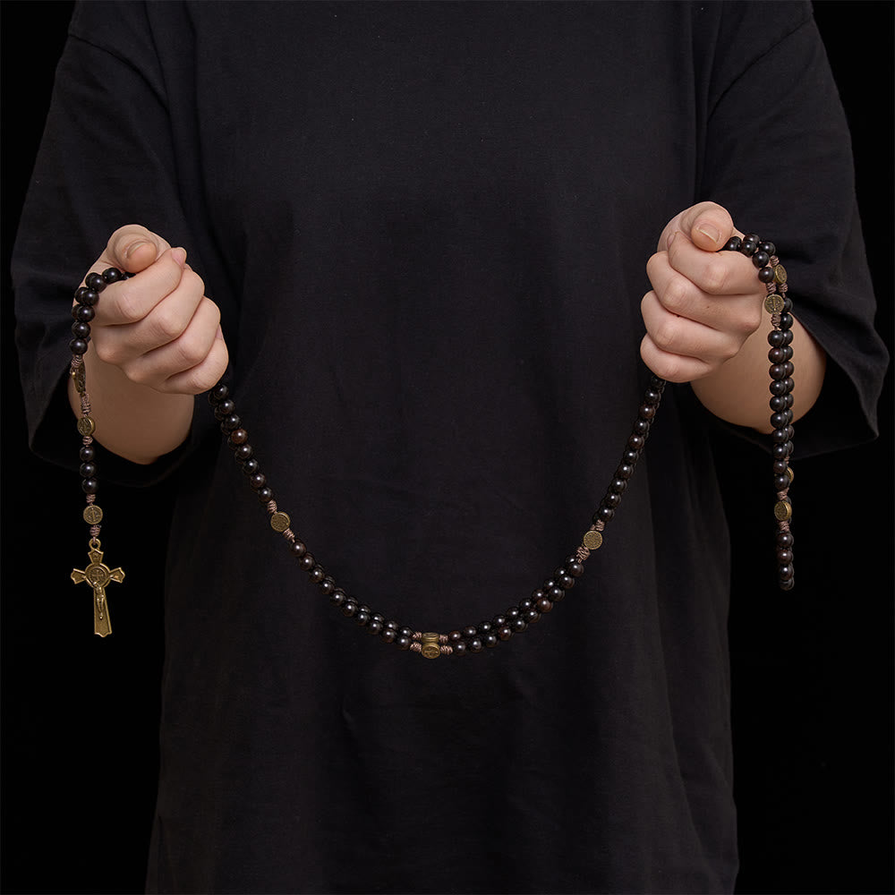 Christianartworkshop Rosenkranz aus 15 polierten Ebenholzperlen mit vollständiger St.-Benedikt-Gravur - image 1