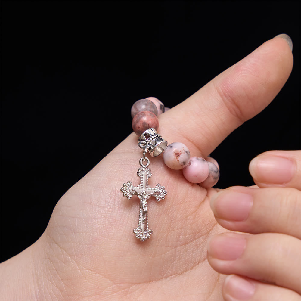 Christianartworkshop Fingerrosenkranz aus natürlich geädertem rosa Opal mit floralem Rand - image 1