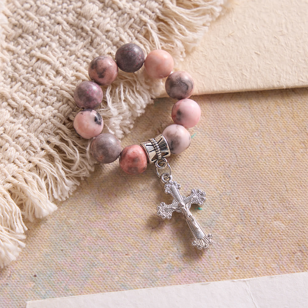 Christianartworkshop Fingerrosenkranz aus natürlich geädertem rosa Opal mit floralem Rand - image 3