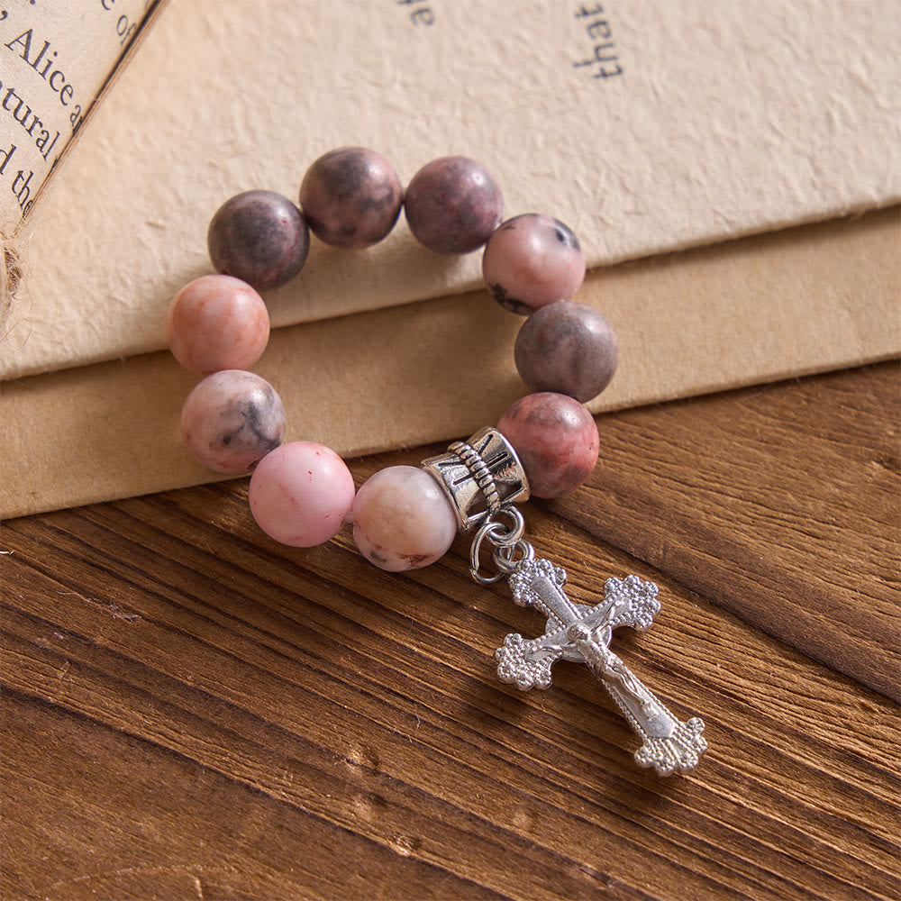 Christianartworkshop Fingerrosenkranz aus natürlich geädertem rosa Opal mit floralem Rand - image 2