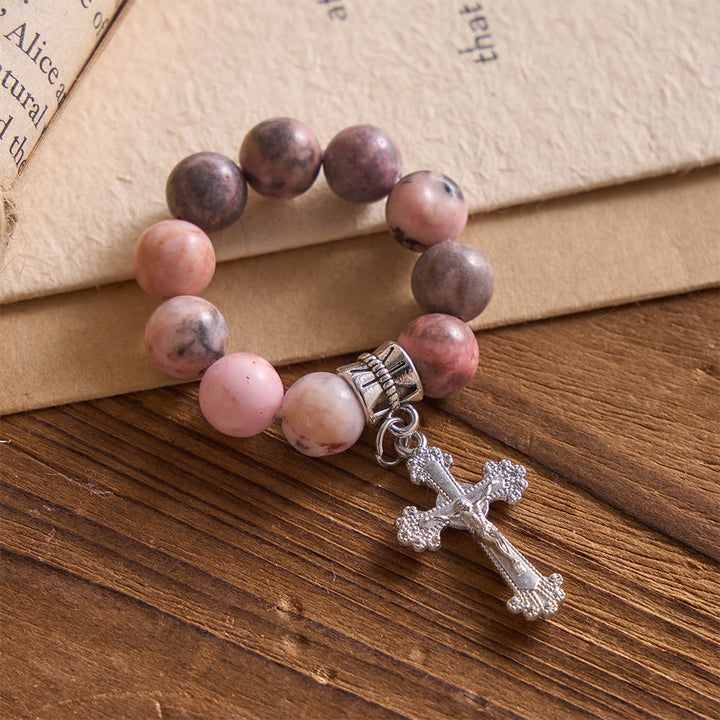 Christianartworkshop Fingerrosenkranz aus natürlich geädertem rosa Opal mit floralem Rand - image 2