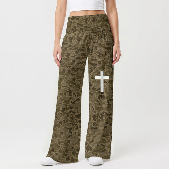 Christianartworkshop Hose mit erdfarbenem Camouflage-Print, vertikalem Kreuzmuster am Oberschenkel, hohem Bund, Stretchanteil und weitem Bein - US22, UK/AU26, EU54 - image 0