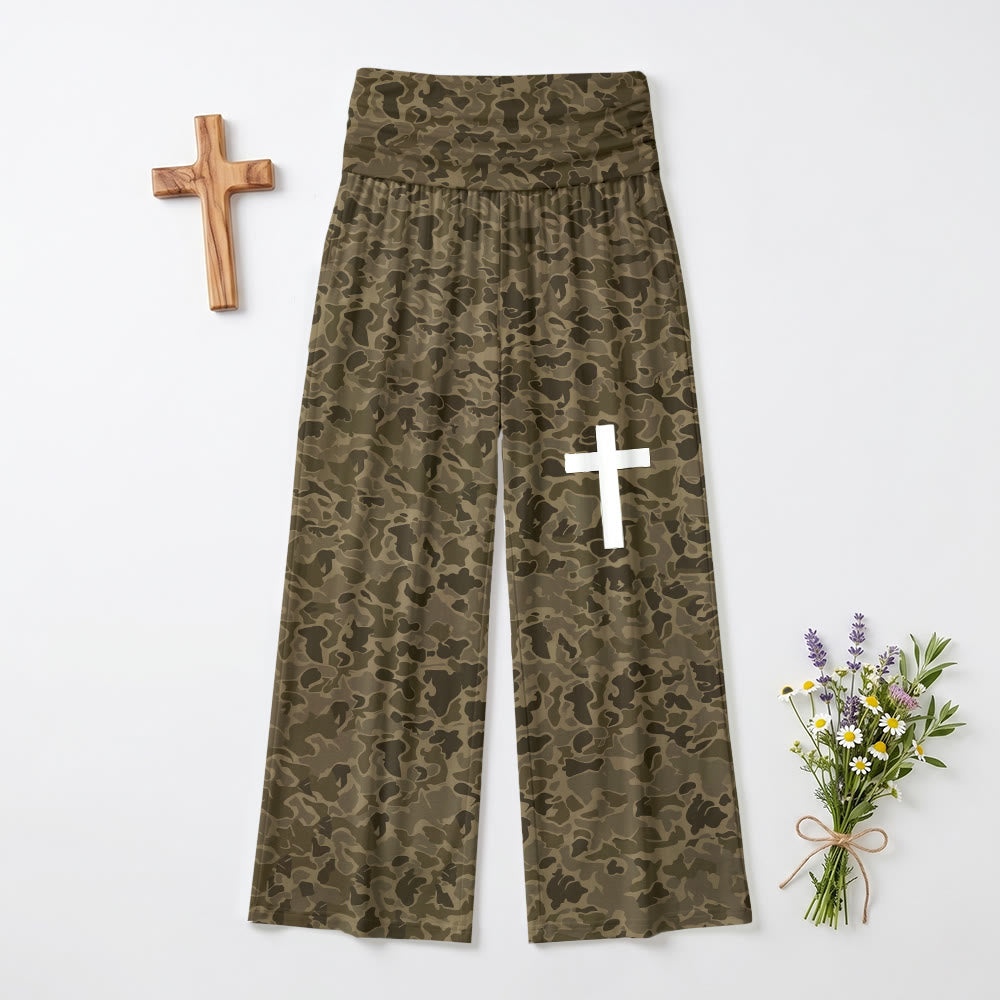Christianartworkshop Hose mit erdfarbenem Camouflage-Print, vertikalem Kreuzmuster am Oberschenkel, hohem Bund, Stretchanteil und weitem Bein - image 2