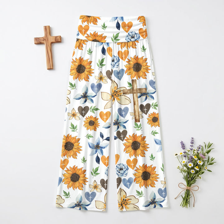 Christianartworkshop Hose mit Sonnenblumen-, Herz- und Kreuzmuster, hohem Bund und weitem Bein, Stretch-Einsatz, hoher Bund, Stretch-Hose mit weitem Bein und hohem Bund. - image 2