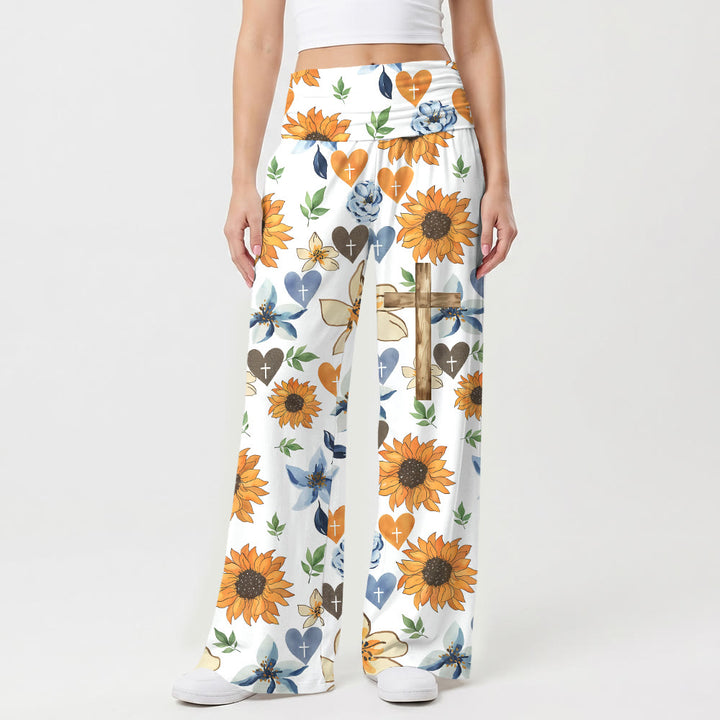 Christianartworkshop Hose mit Sonnenblumen-, Herz- und Kreuzmuster, hohem Bund und weitem Bein, Stretch-Einsatz, hoher Bund, Stretch-Hose mit weitem Bein und hohem Bund. - US22, UK/AU26, EU54 - image 0