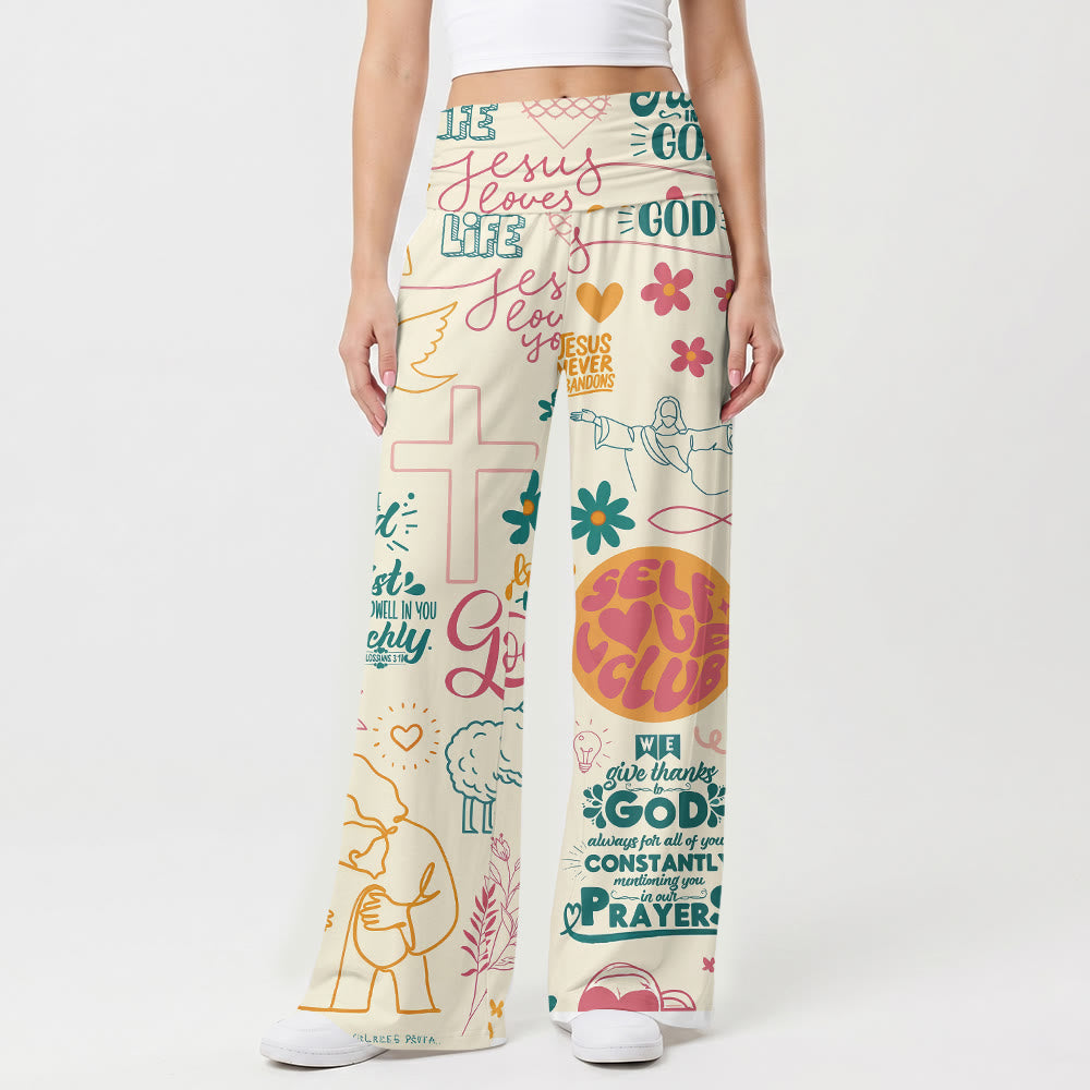 Christianartworkshop Hose mit Glaubensmotiv, Schriftzug „Glaube“, Kreuz und floralen Elementen, Allover-Print, hochgeschnittene Hose mit weitem Bein und umklappbarem Bund, weitem Bein - US22, UK/AU26, EU54 - image 0