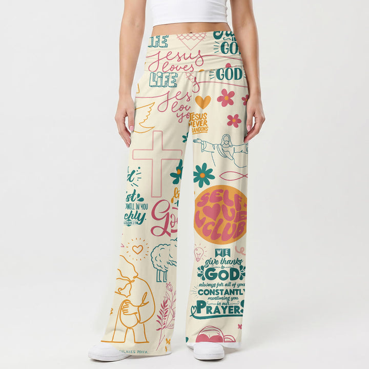 Christianartworkshop Hose mit Glaubensmotiv, Schriftzug „Glaube“, Kreuz und floralen Elementen, Allover-Print, hochgeschnittene Hose mit weitem Bein und umklappbarem Bund, weitem Bein - US22, UK/AU26, EU54 - image 0