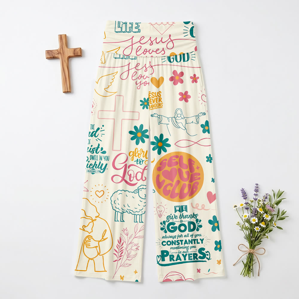 Christianartworkshop Hose mit Glaubensmotiv, Schriftzug „Glaube“, Kreuz und floralen Elementen, Allover-Print, hochgeschnittene Hose mit weitem Bein und umklappbarem Bund, weitem Bein - image 2