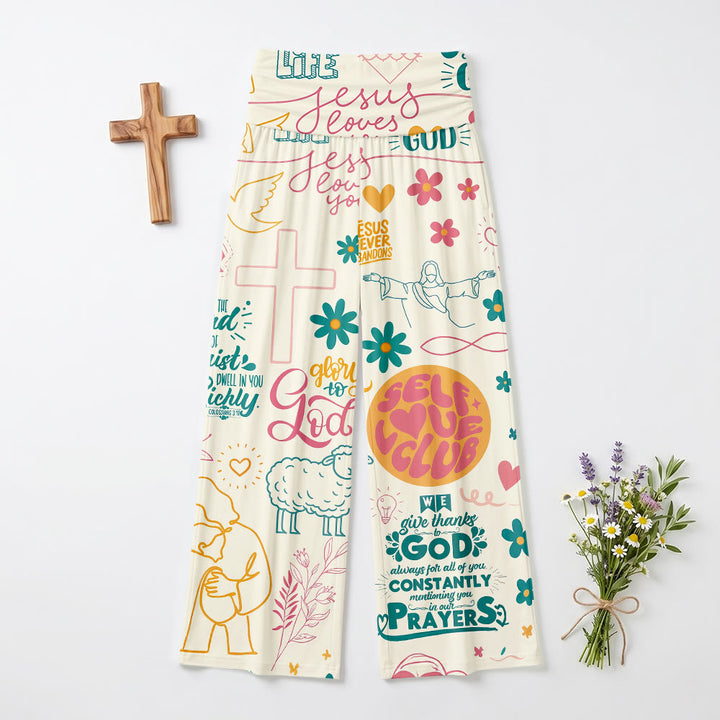 Christianartworkshop Hose mit Glaubensmotiv, Schriftzug „Glaube“, Kreuz und floralen Elementen, Allover-Print, hochgeschnittene Hose mit weitem Bein und umklappbarem Bund, weitem Bein - image 2