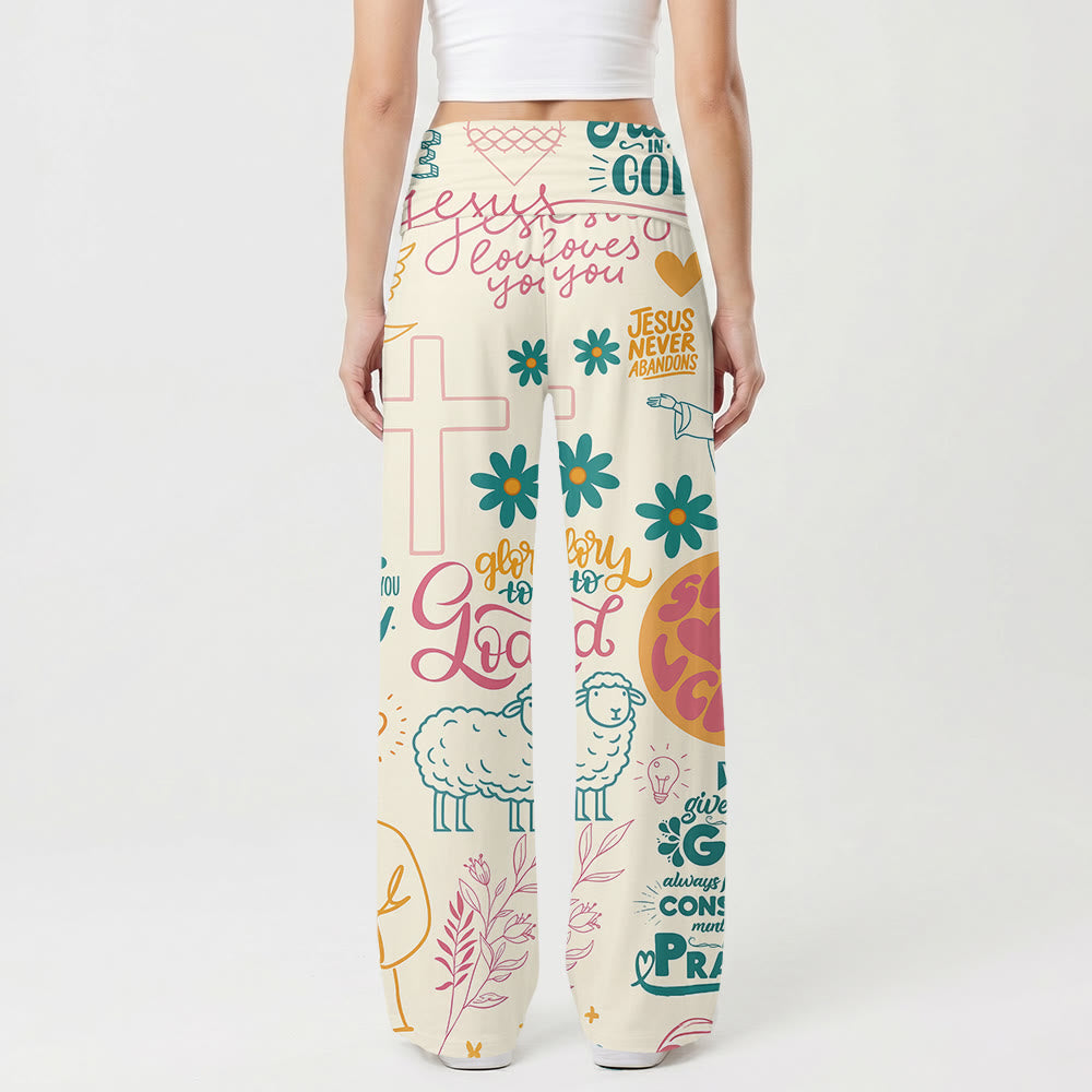 Christianartworkshop Hose mit Glaubensmotiv, Schriftzug „Glaube“, Kreuz und floralen Elementen, Allover-Print, hochgeschnittene Hose mit weitem Bein und umklappbarem Bund, weitem Bein - image 1