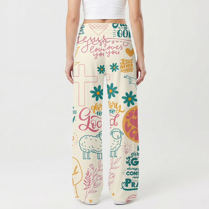 Christianartworkshop Hose mit Glaubensmotiv, Schriftzug „Glaube“, Kreuz und floralen Elementen, Allover-Print, hochgeschnittene Hose mit weitem Bein und umklappbarem Bund, weitem Bein - image 1