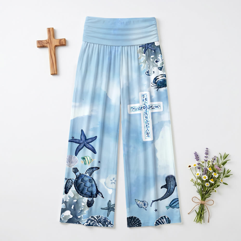Christianartworkshop Hose mit blau-weißem Meeresmotiv, Kreuzmuster, Allover-Print, hohem Bund und weitem Bein - image 2