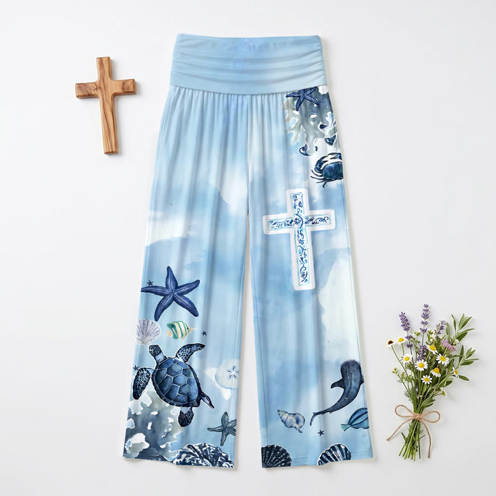 Christianartworkshop Hose mit blau-weißem Meeresmotiv, Kreuzmuster, Allover-Print, hohem Bund und weitem Bein - image 2