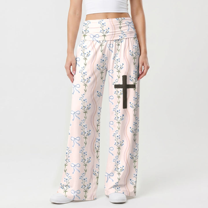 Christianartworkshop Hose mit vertikalen floralen Schleifenstreifen, Allover-Print, Holzkreuz-Grafik am Oberschenkel, umklappbarem Bund und weitem Bein - US22, UK/AU26, EU54 - image 0