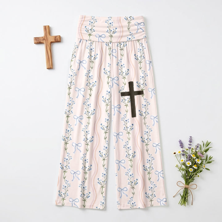 Christianartworkshop Hose mit vertikalen floralen Schleifenstreifen, Allover-Print, Holzkreuz-Grafik am Oberschenkel, umklappbarem Bund und weitem Bein - image 2
