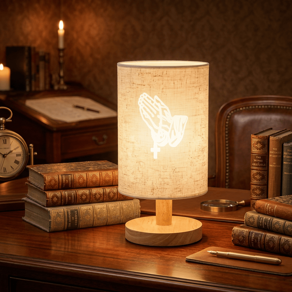 Christianartworkshop Tischlampe mit Stoffschirm, betenden Händen und Kreuzmuster, Sockel aus Naturholz: Ein Ort der stillen, andächtigen Ruhe in der Nacht. - image 1