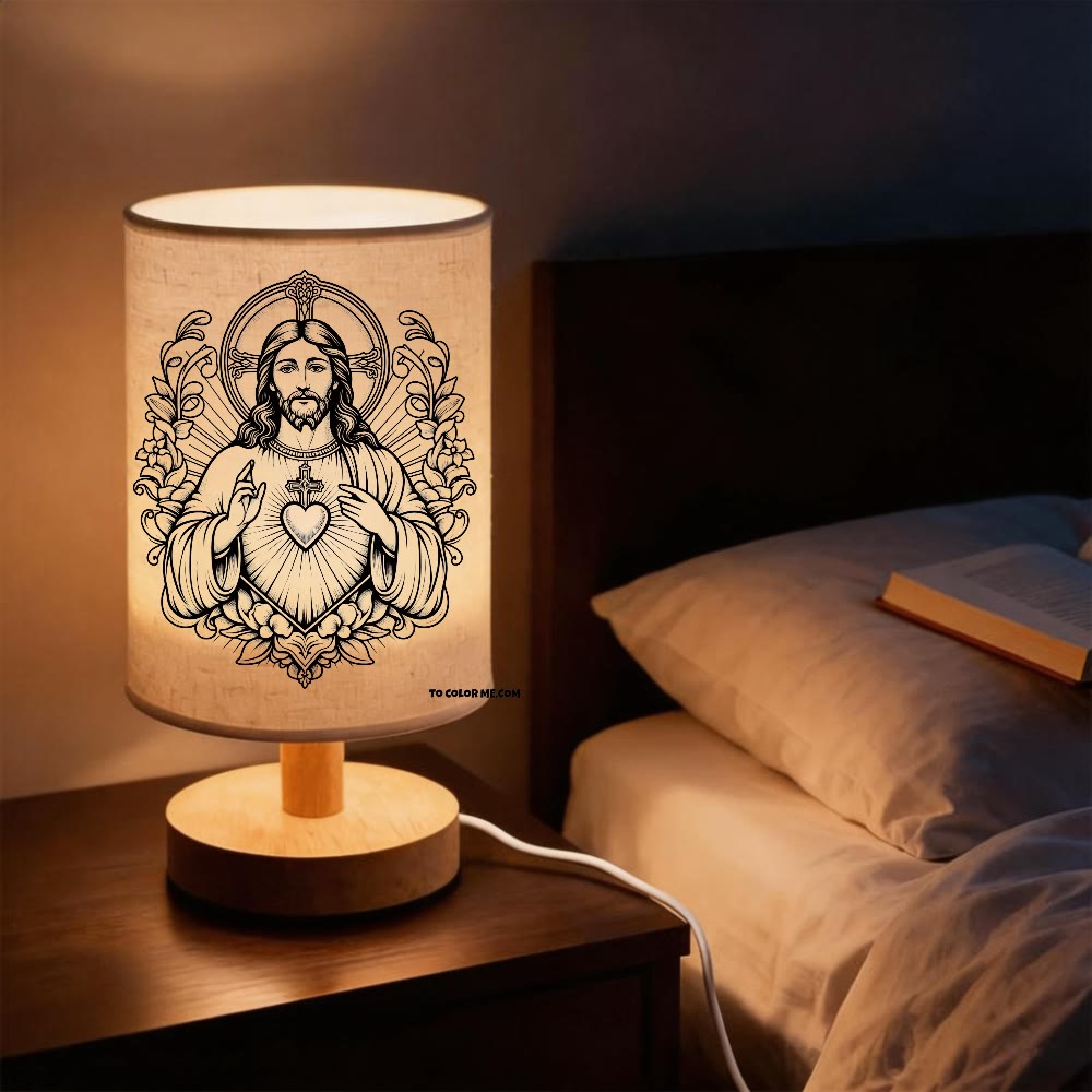 Christianartworkshop Nachttischlampe mit Herz-Jesu-Symbol, Vintage-Blumenrahmen, sanftes, warmes, andächtiges Nachtlicht - Herz Jesu - image 0