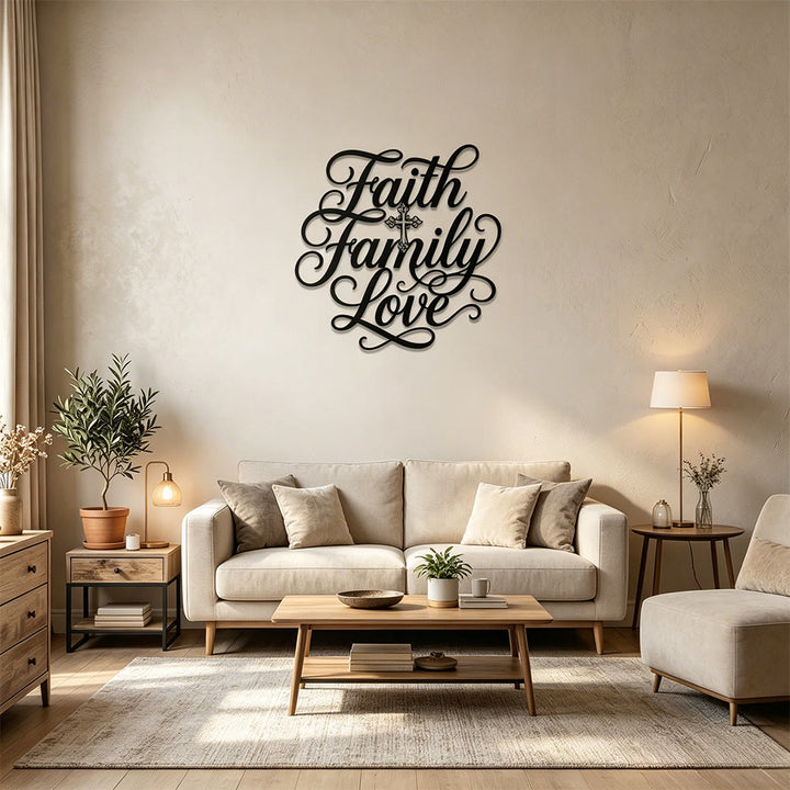 Christianartworkshop Wanddekoration aus Metall mit Kreuzmotiv und Schriftzug „Glaube, Familie, Liebe“: Zeitloses Symbol des heiligen Segens für den Haushalt - image 1