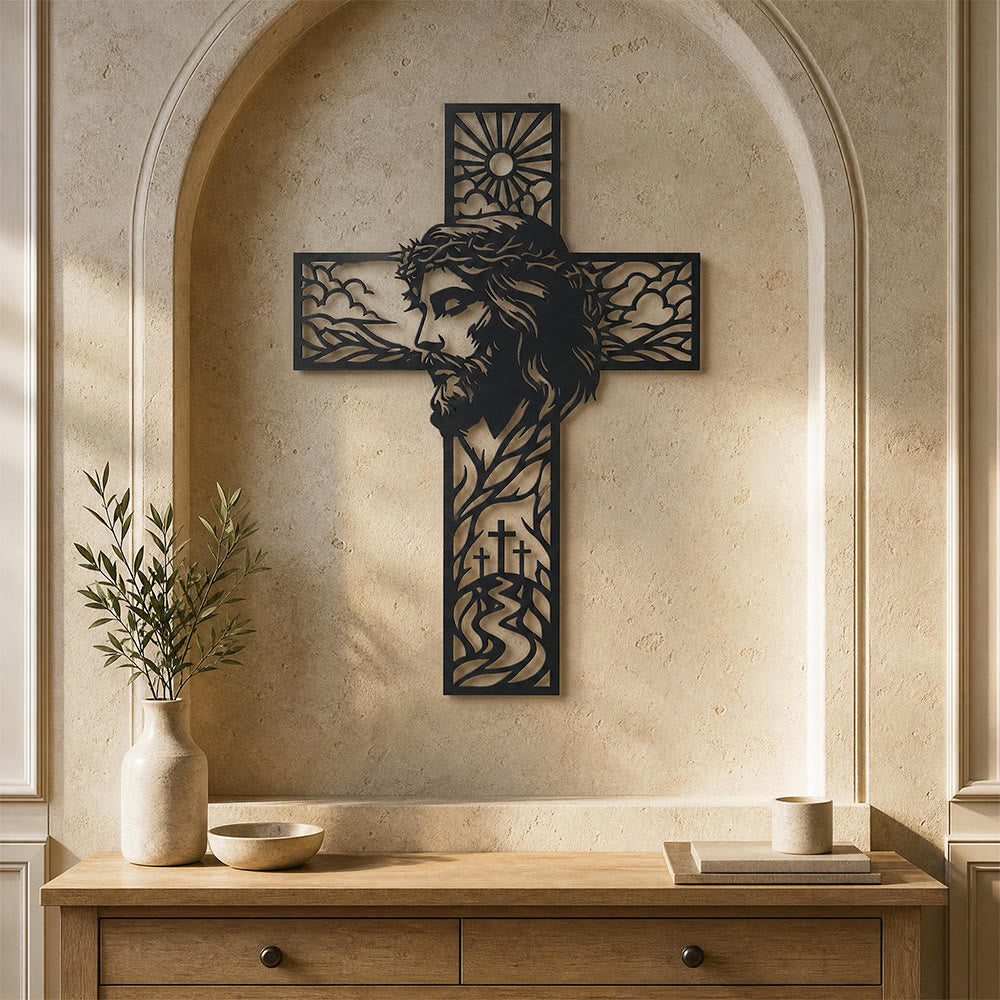 Christianartworkshop Wanddekor aus Metall mit Sonnen- und Hügellandschaft und Jesus-Profil: Zeitloses Symbol himmlischer Gnade und ewiger Hoffnung - image 0