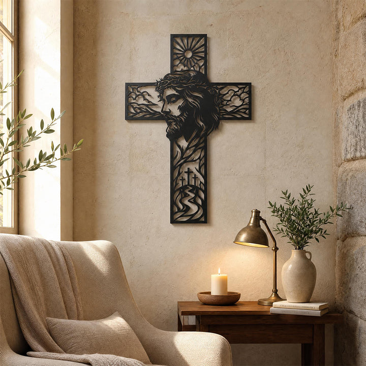 Christianartworkshop Wanddekor aus Metall mit Sonnen- und Hügellandschaft und Jesus-Profil: Zeitloses Symbol himmlischer Gnade und ewiger Hoffnung - image 4