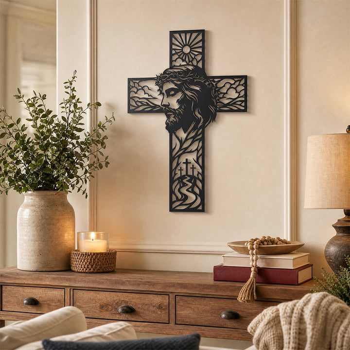 Christianartworkshop Wanddekor aus Metall mit Sonnen- und Hügellandschaft und Jesus-Profil: Zeitloses Symbol himmlischer Gnade und ewiger Hoffnung - image 2