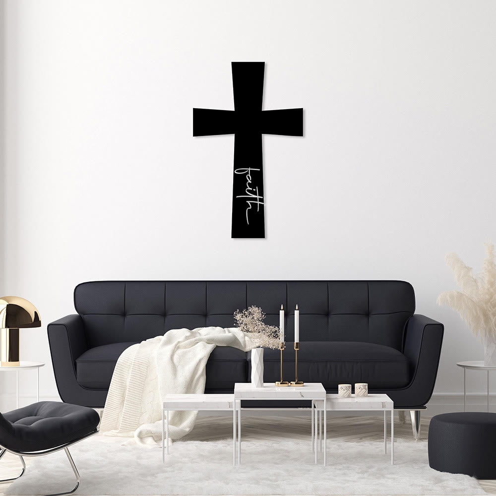Christianartworkshop Minimalistisches, massives Kreuz mit vertikaler Glaubensschrift als Wanddekoration aus Metall: Zeitloses Symbol unerschütterlicher spiritueller Überzeugung - image 1