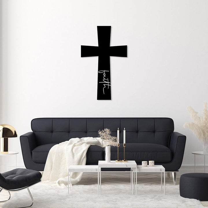 Christianartworkshop Minimalistisches, massives Kreuz mit vertikaler Glaubensschrift als Wanddekoration aus Metall: Zeitloses Symbol unerschütterlicher spiritueller Überzeugung - image 1