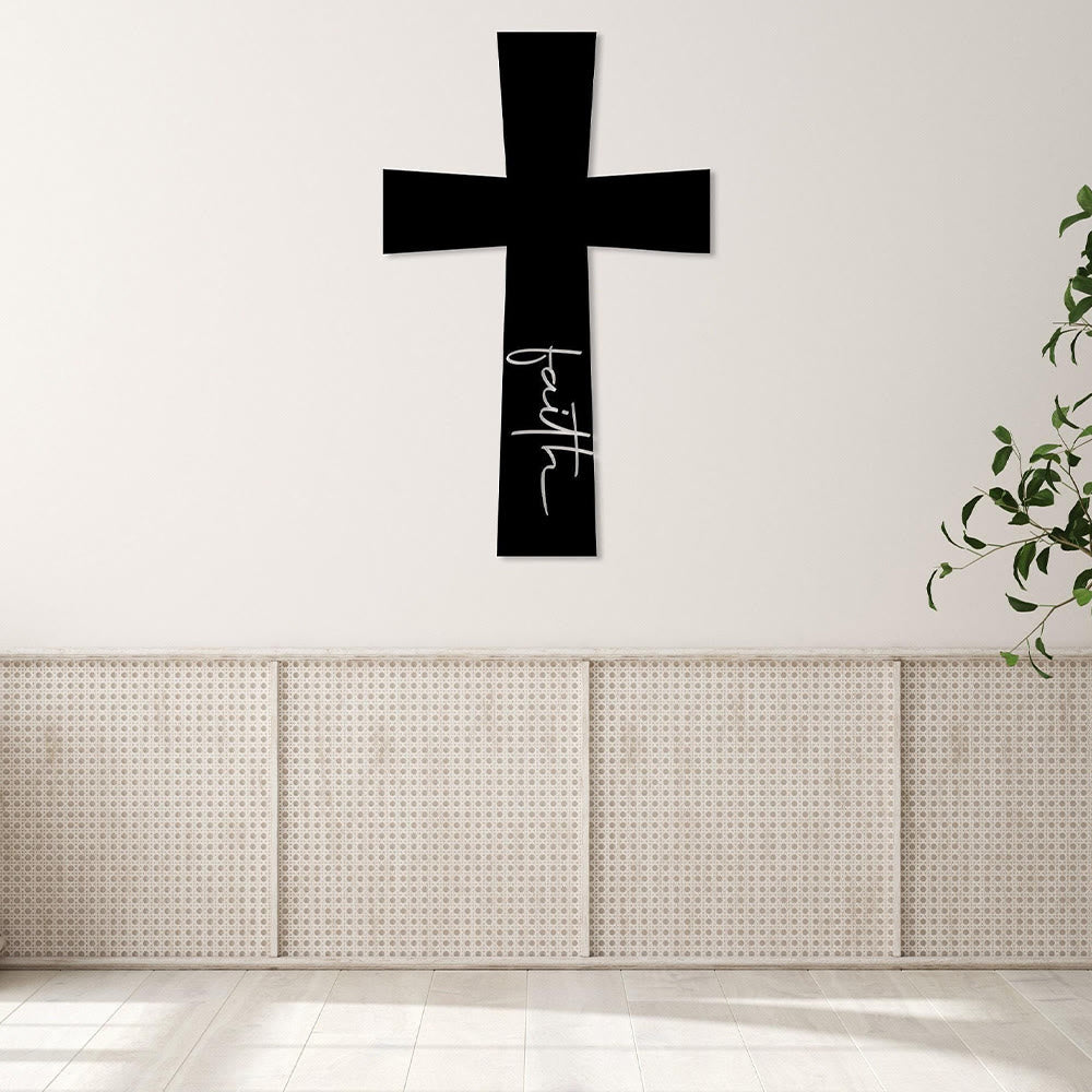 Christianartworkshop Minimalistisches, massives Kreuz mit vertikaler Glaubensschrift als Wanddekoration aus Metall: Zeitloses Symbol unerschütterlicher spiritueller Überzeugung - image 2