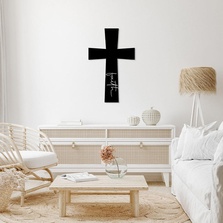 Christianartworkshop Minimalistisches, massives Kreuz mit vertikaler Glaubensschrift als Wanddekoration aus Metall: Zeitloses Symbol unerschütterlicher spiritueller Überzeugung - image 0