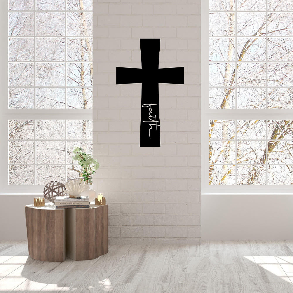 Christianartworkshop Minimalistisches, massives Kreuz mit vertikaler Glaubensschrift als Wanddekoration aus Metall: Zeitloses Symbol unerschütterlicher spiritueller Überzeugung - image 3