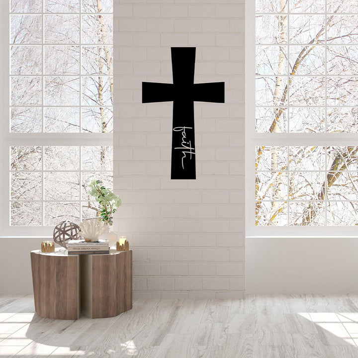 Christianartworkshop Minimalistisches, massives Kreuz mit vertikaler Glaubensschrift als Wanddekoration aus Metall: Zeitloses Symbol unerschütterlicher spiritueller Überzeugung - image 3