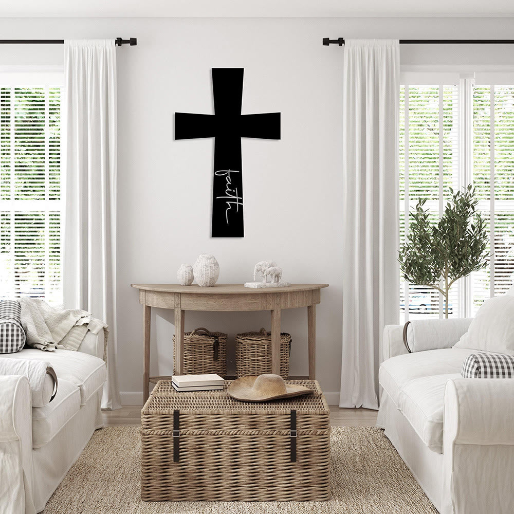 Christianartworkshop Minimalistisches, massives Kreuz mit vertikaler Glaubensschrift als Wanddekoration aus Metall: Zeitloses Symbol unerschütterlicher spiritueller Überzeugung - image 4