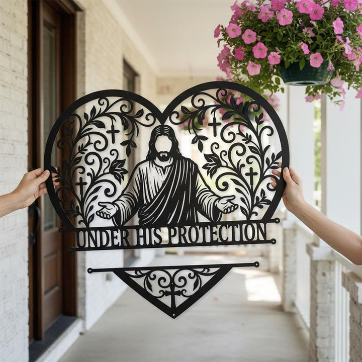 Christianartworkshop Florales Rankenherz-Wanddekor mit offenem Jesuskreuz aus Metall: Zeitloses Symbol des heiligen Familienschutzes - image 3