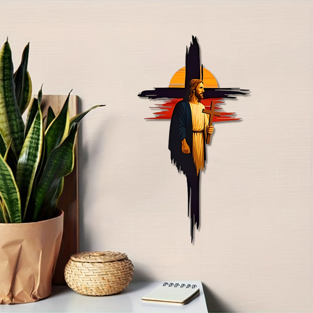 Christianartworkshop Wanddekor aus Metall mit Pinselstrich-Kreuz, Jesusmotiv und Sonnenuntergangslandschaft: Zeitloses Symbol der heiligen, erlösenden Gnade - image 1