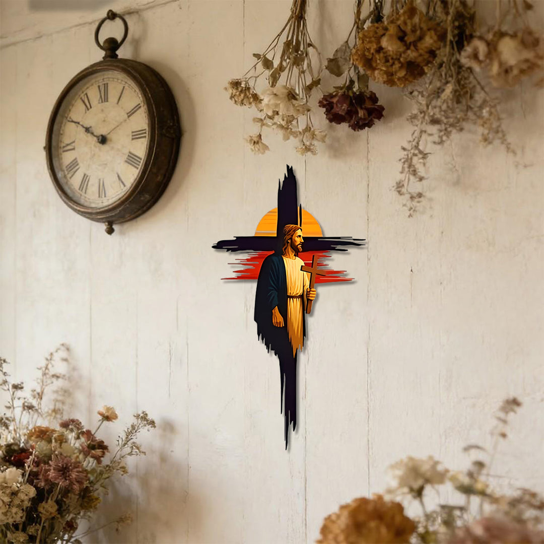 Christianartworkshop Wanddekor aus Metall mit Pinselstrich-Kreuz, Jesusmotiv und Sonnenuntergangslandschaft: Zeitloses Symbol der heiligen, erlösenden Gnade - image 0