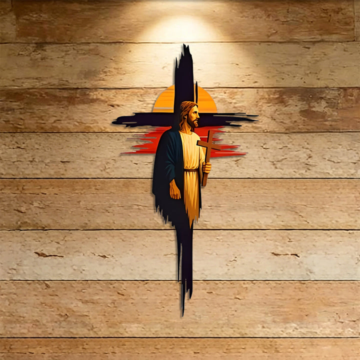 Christianartworkshop Pinselstrich-Kreuz Jesus Sonnenuntergangslandschaft Metall-Wanddeko: Zeitloses Symbol der heiligen erlösenden Gnade - image 2