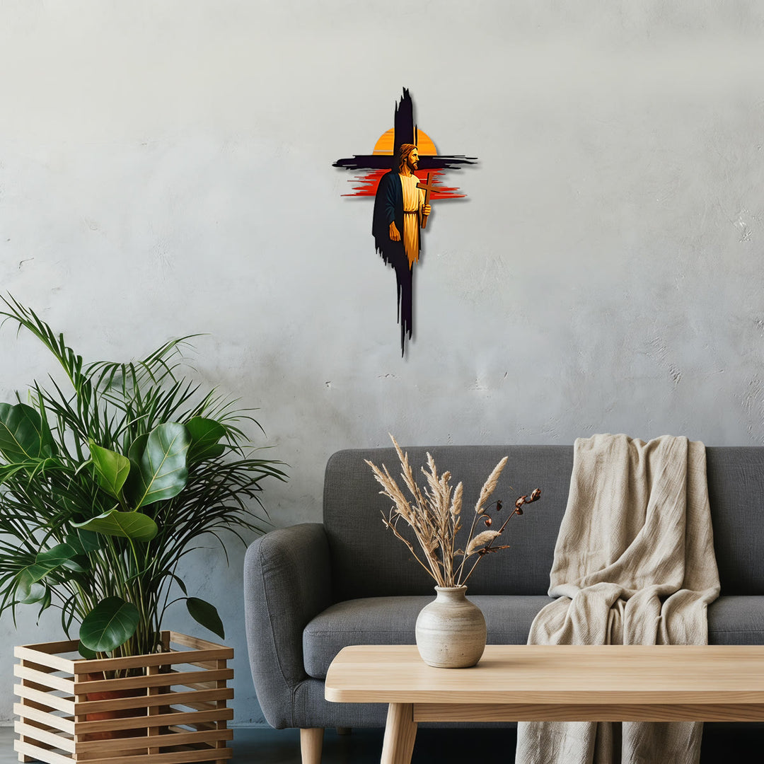 Christianartworkshop Wanddekor aus Metall mit Pinselstrich-Kreuz, Jesusmotiv und Sonnenuntergangslandschaft: Zeitloses Symbol der heiligen, erlösenden Gnade - image 4