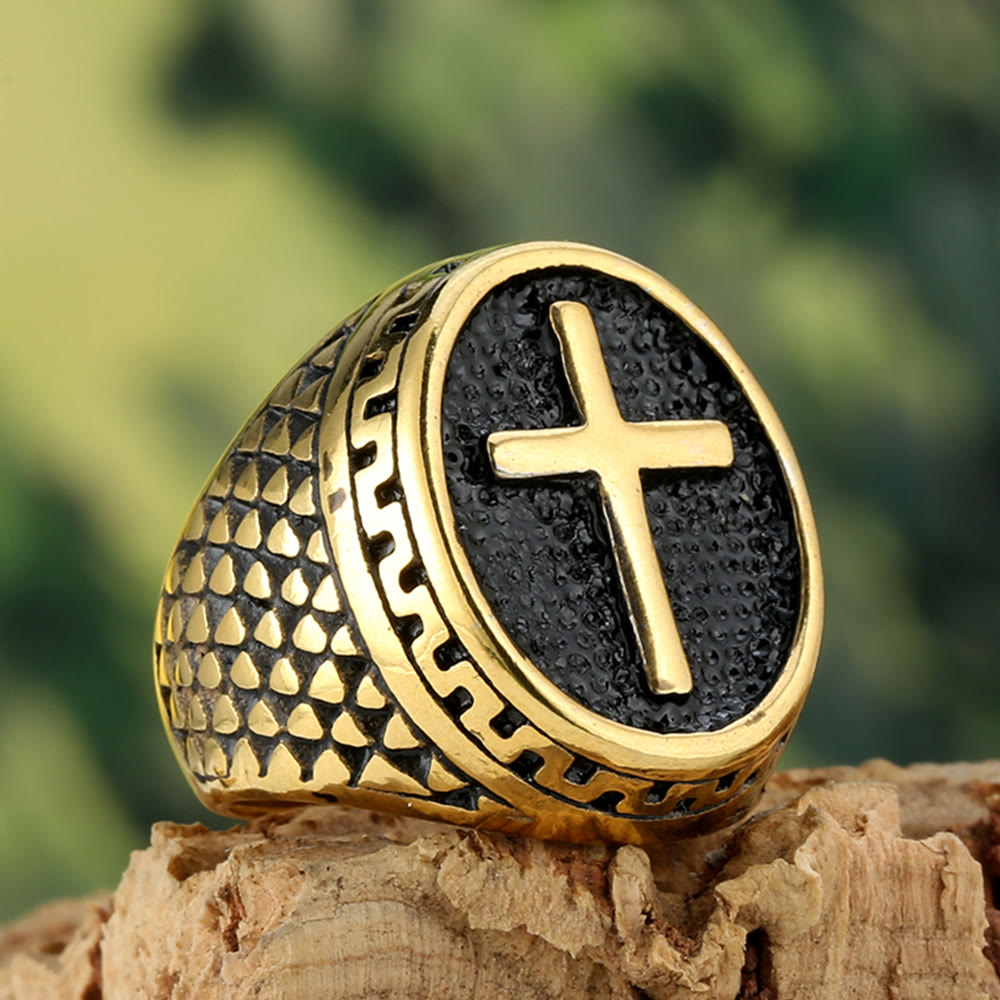 Christianartworkshop Ovaler Siegelring mit erhabenem Kreuz und strukturierter Seite: Zeitloses Symbol unerschütterlichen, heiligen Glaubens - image 6