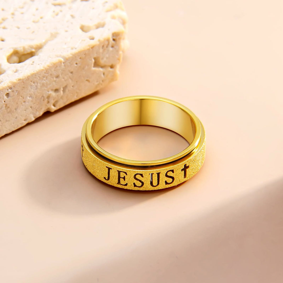 Christianartworkshop Gravierter JESUS-Schriftzug, drehbarer Ring zur Linderung von Angstzuständen: Zeitloses Symbol unerschütterlichen, heiligen Glaubens - image 6