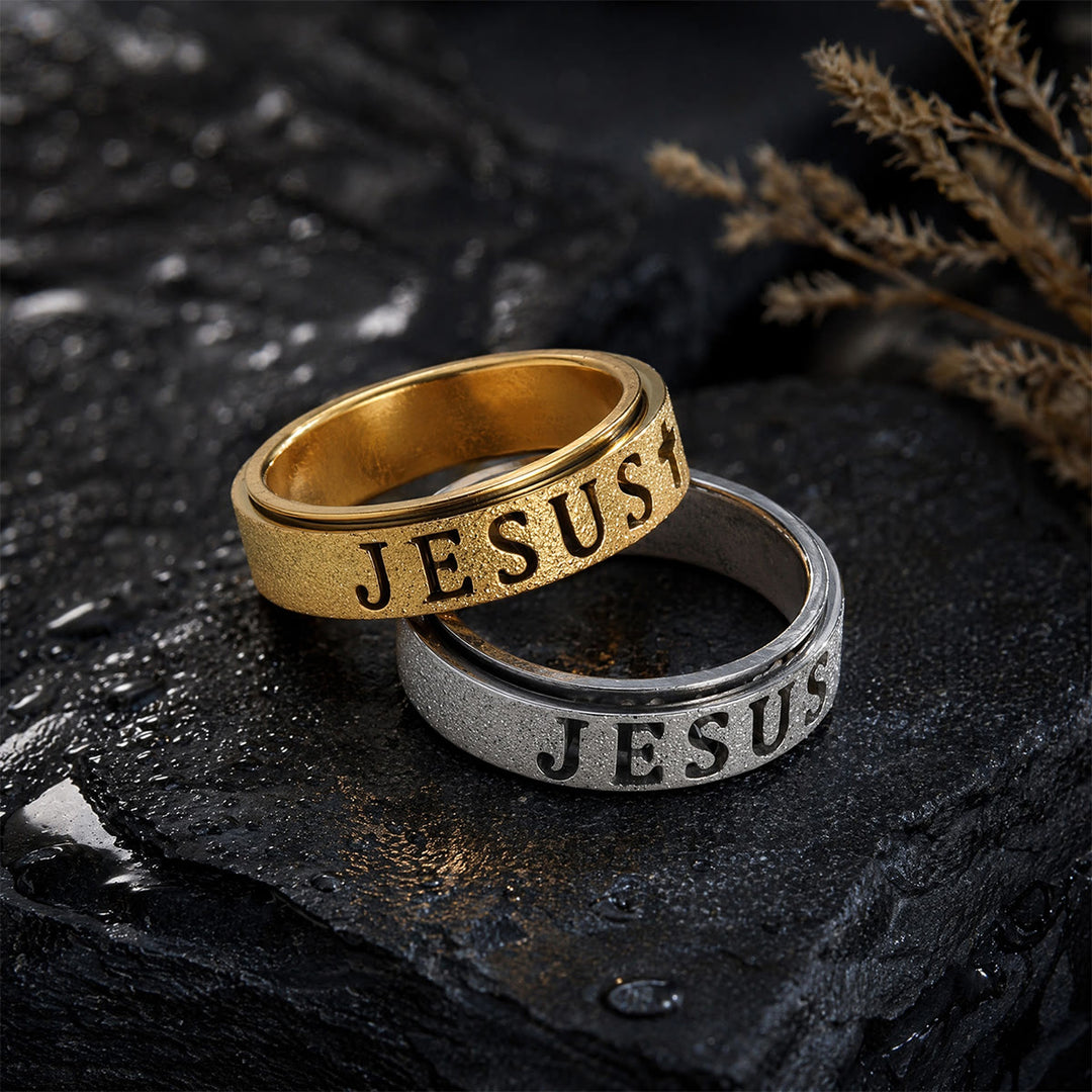 Christianartworkshop Gravierter JESUS-Schriftzug, drehbarer Ring zur Linderung von Angstzuständen: Zeitloses Symbol unerschütterlichen, heiligen Glaubens - image 0