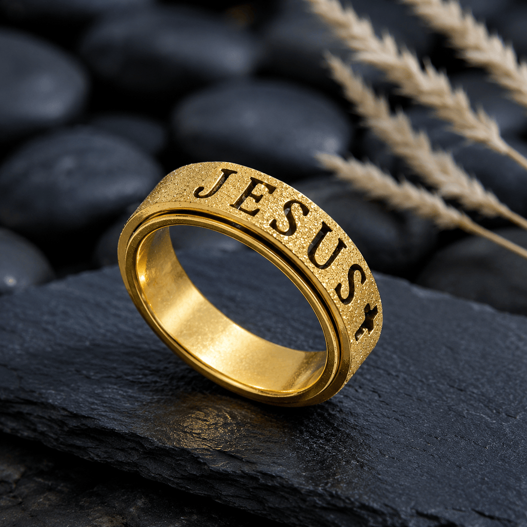 Christianartworkshop Gravierter JESUS-Schriftzug, drehbarer Ring zur Linderung von Angstzuständen: Zeitloses Symbol unerschütterlichen, heiligen Glaubens - image 5